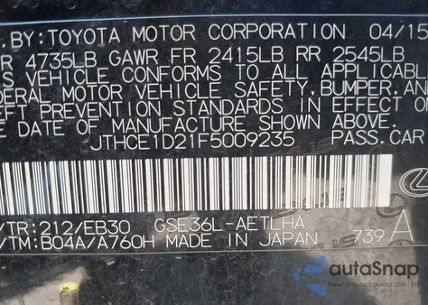 2015 Lexus Is 350 z USA, uszkodzony, nr VIN JTHCE1D21F5009235